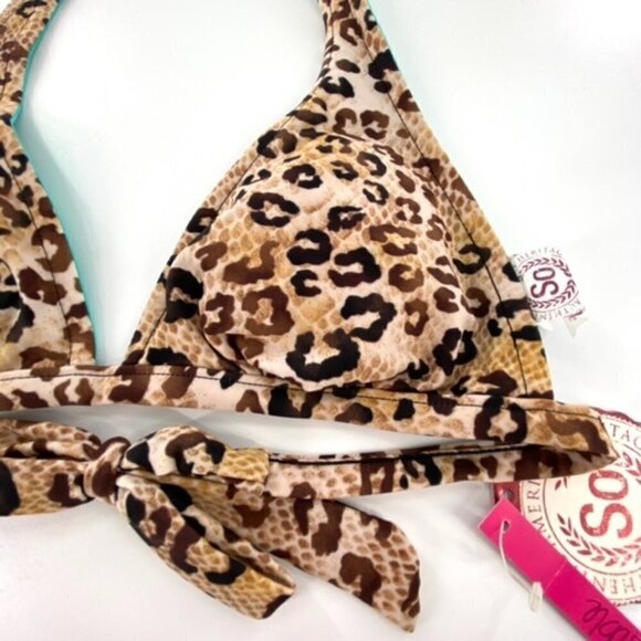 Reversible Halter Tie Bikini Top Junior Sz S Tan Black Animal Print Teal FLAW - Picture 8 of 15